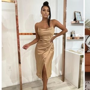 NWT Gold midi Slip dress with slit and cowl neck